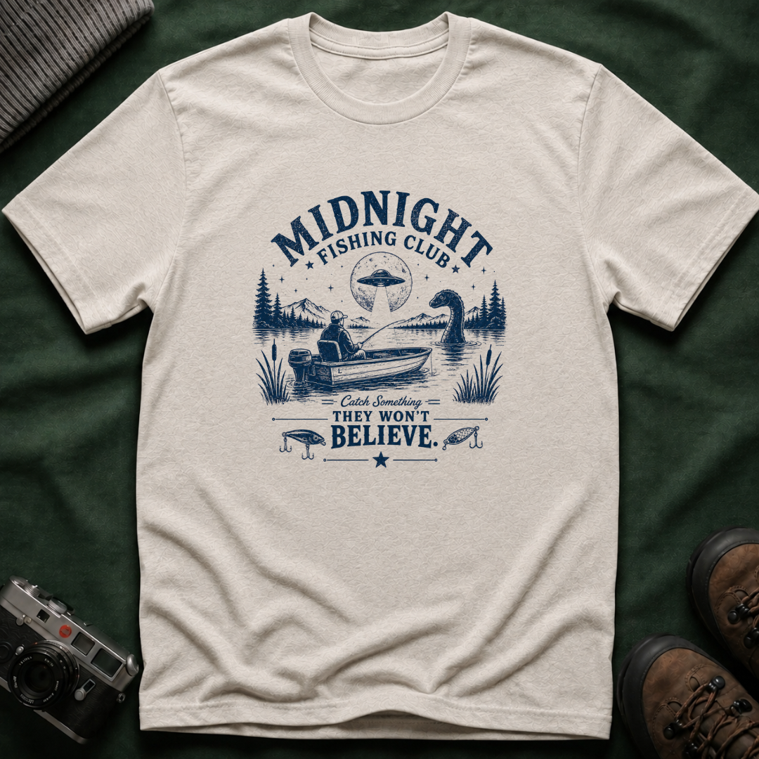Midnight Fishing Club T-Shirt — "Catch Something They Won't Believe" UFO Lake Fishing Tee