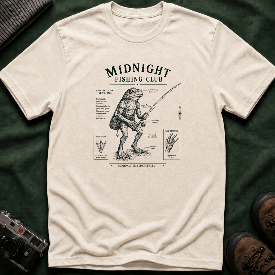 Midnight Fishing Club T-Shirt — Vintage Frog Man Angler Graphic Tee
