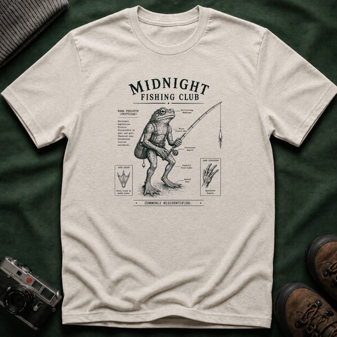 Midnight Fishing Club T-Shirt — Vintage Frog Man Angler Graphic Tee