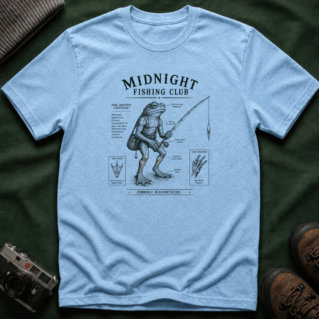 Midnight Fishing Club T-Shirt — Vintage Frog Man Angler Graphic Tee