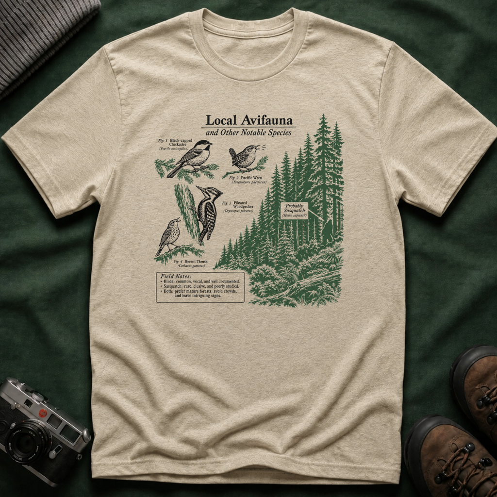 Local Avifauna T-Shirt — Vintage Bird & Forest Illustration Tee
