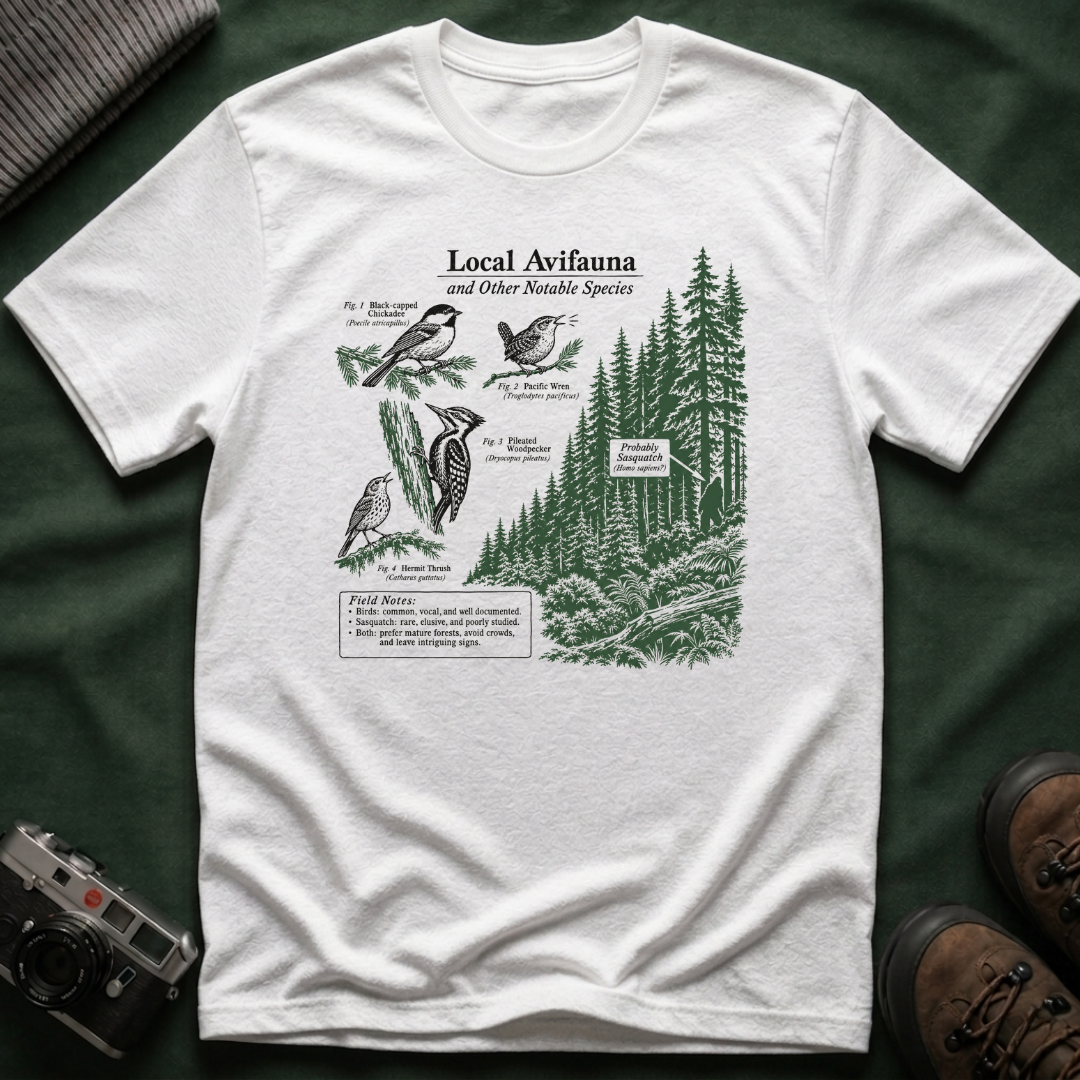 Local Avifauna T-Shirt — Vintage Bird & Forest Illustration Tee
