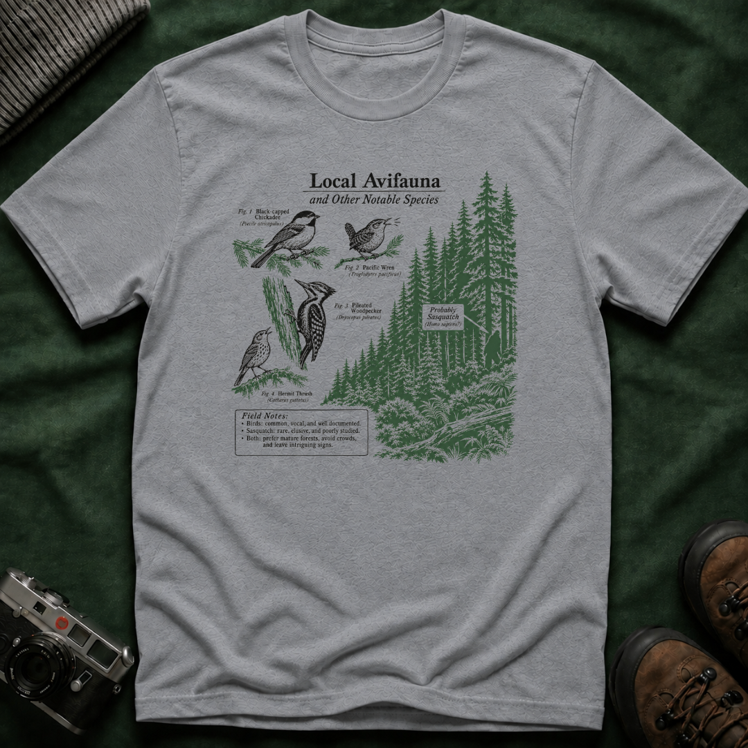 Local Avifauna T-Shirt — Vintage Bird & Forest Illustration Tee