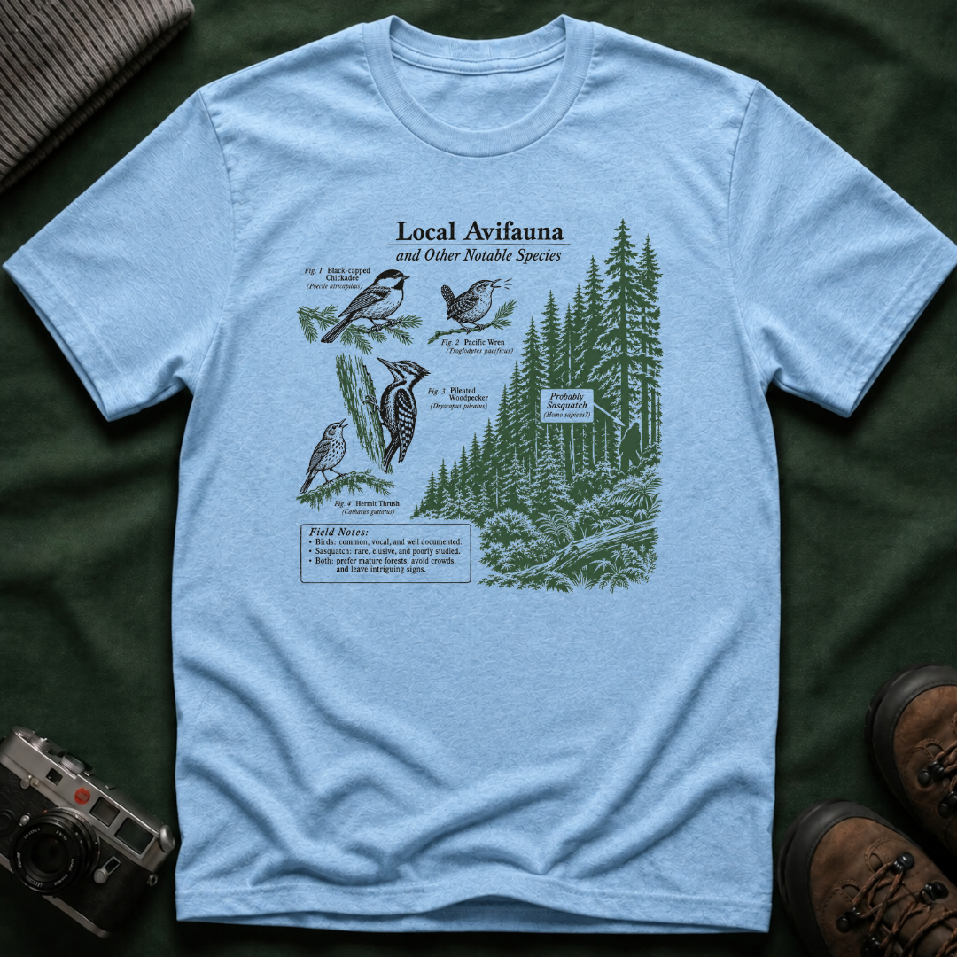 Local Avifauna T-Shirt — Vintage Bird & Forest Illustration Tee