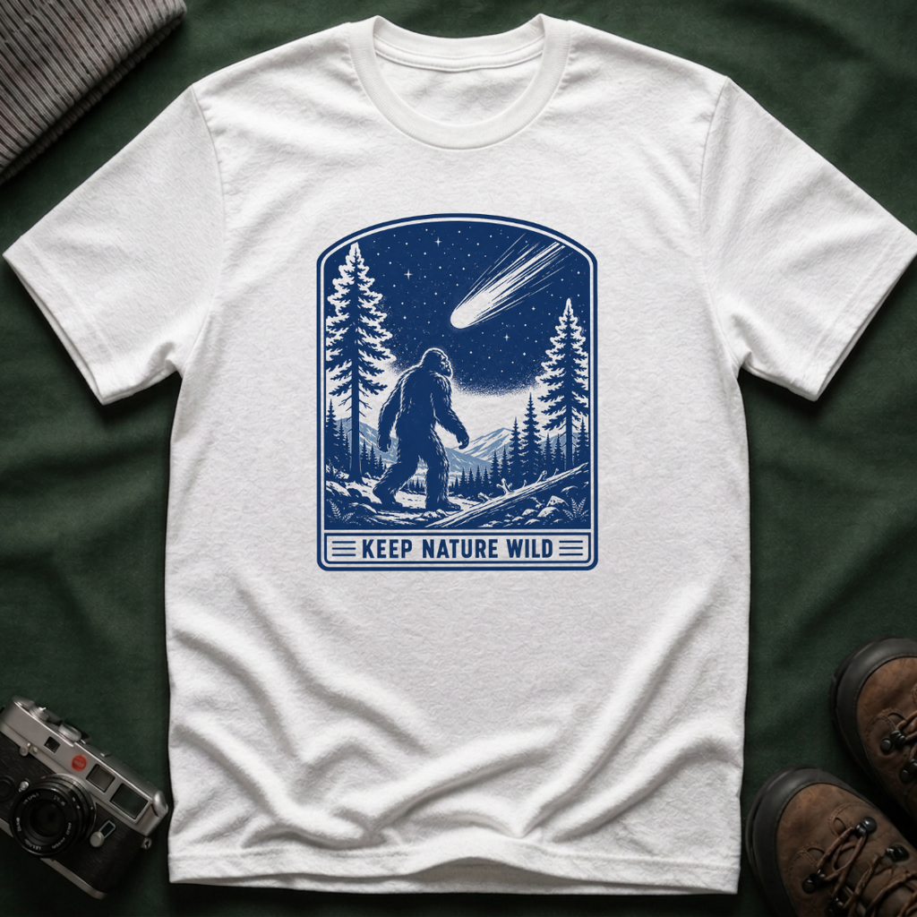 Bigfoot Stargazing T‑Shirt — Keep Nature Wild Forest Comet Design