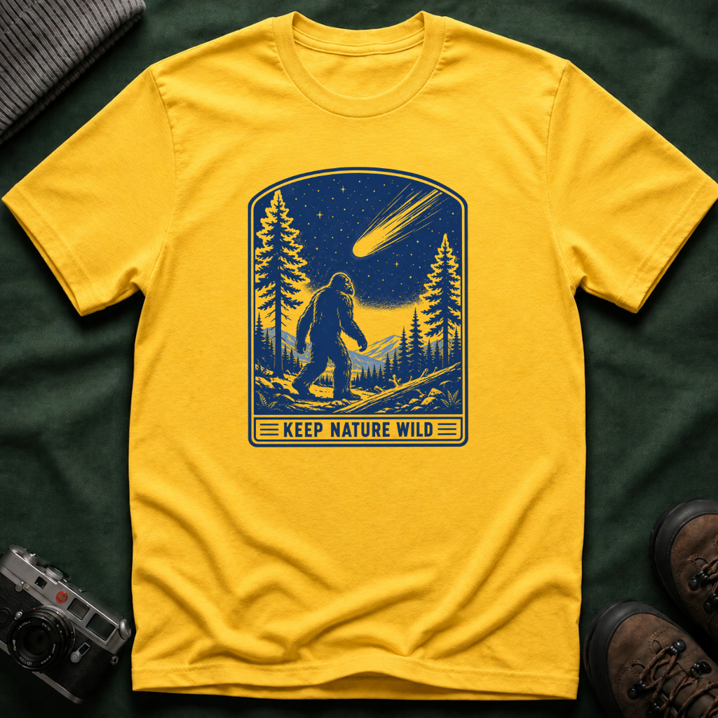 Bigfoot Stargazing T‑Shirt — Keep Nature Wild Forest Comet Design