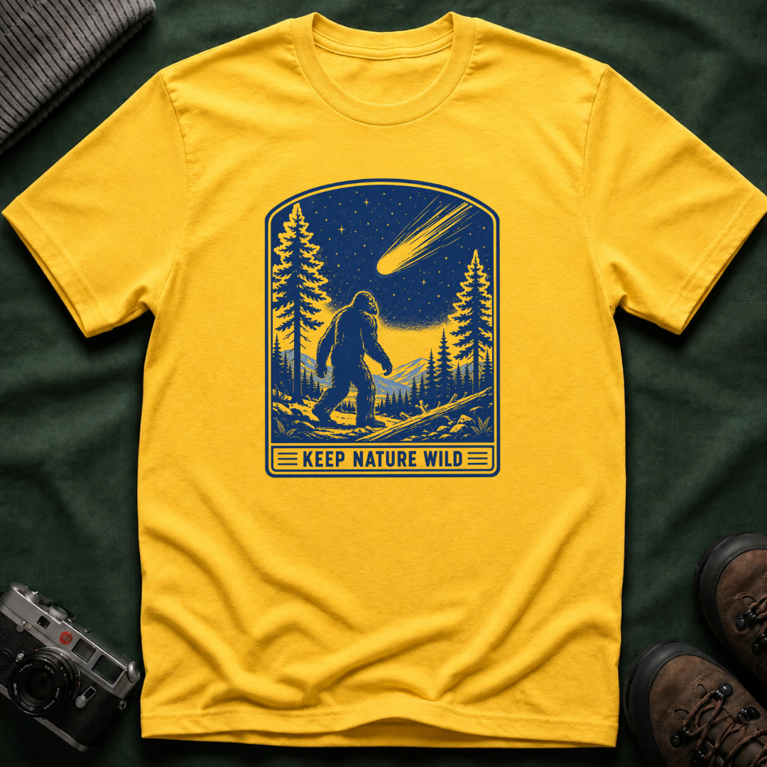 Bigfoot Stargazing T‑Shirt — Keep Nature Wild Forest Comet Design