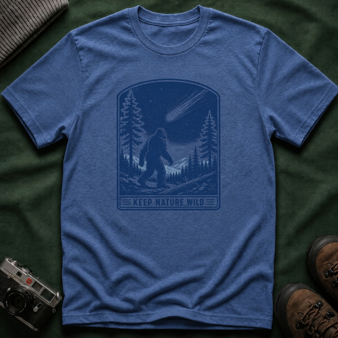 Bigfoot Stargazing T‑Shirt — Keep Nature Wild Forest Comet Design