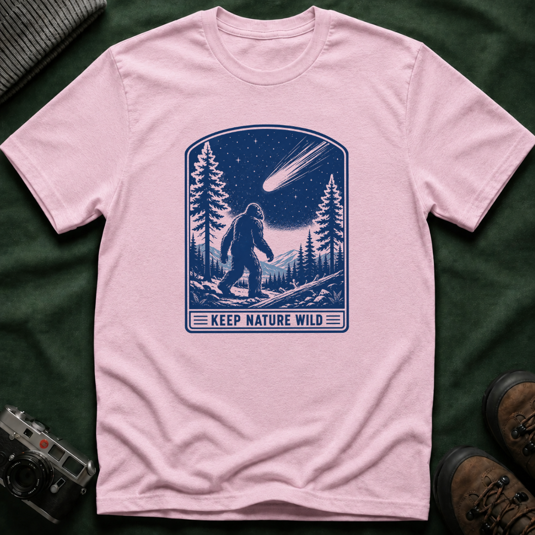 Bigfoot Stargazing T‑Shirt — Keep Nature Wild Forest Comet Design