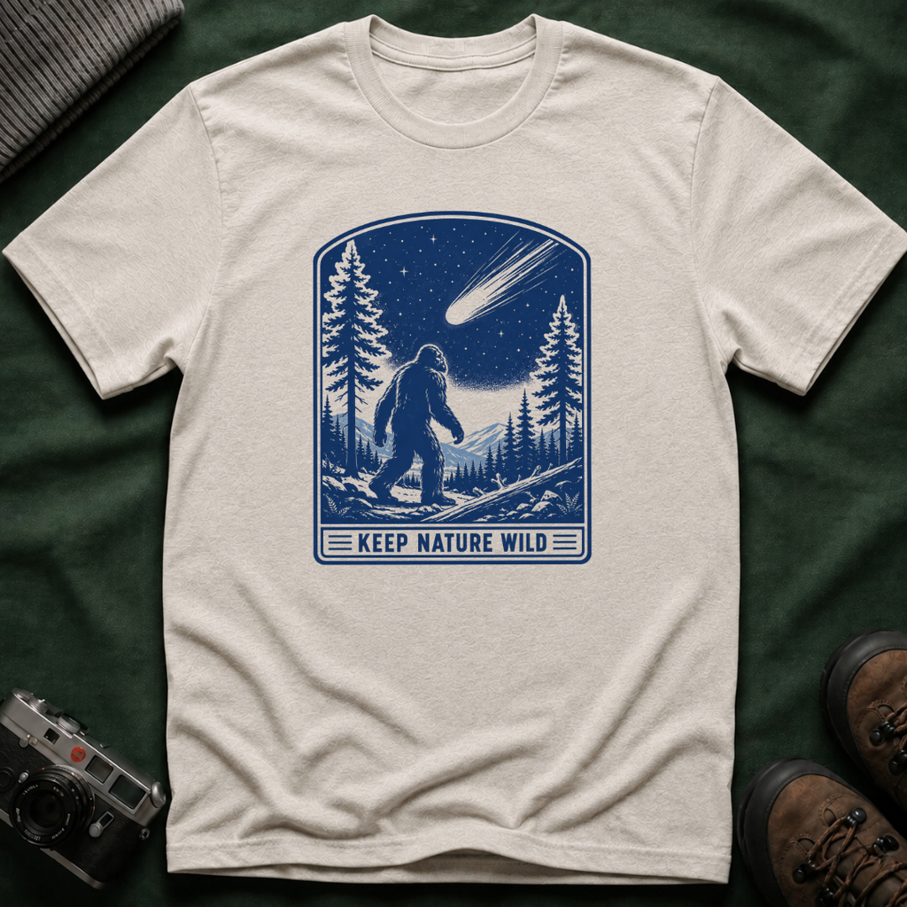 Bigfoot Stargazing T‑Shirt — Keep Nature Wild Forest Comet Design