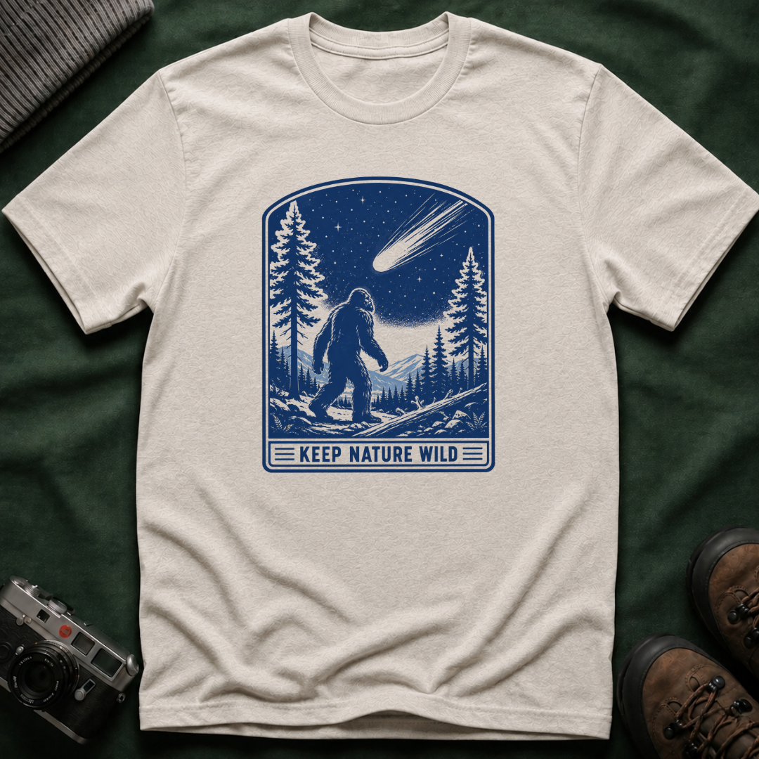 Bigfoot Stargazing T‑Shirt — Keep Nature Wild Forest Comet Design