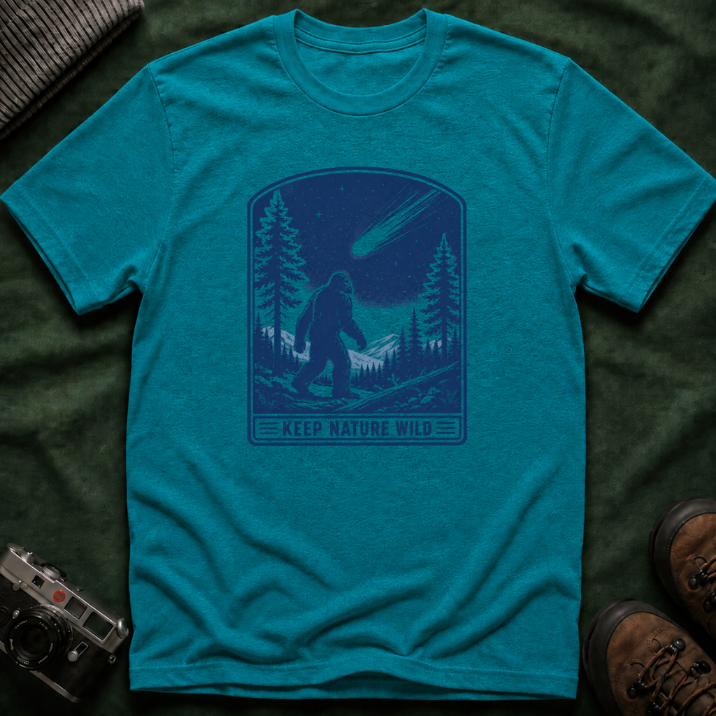 Bigfoot Stargazing T‑Shirt — Keep Nature Wild Forest Comet Design
