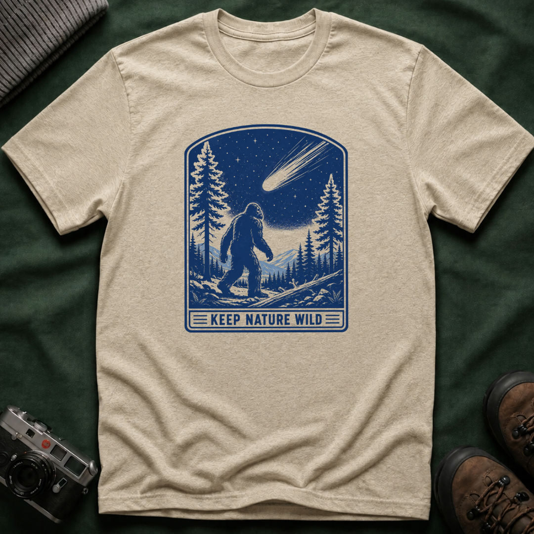 Bigfoot Stargazing T‑Shirt — Keep Nature Wild Forest Comet Design