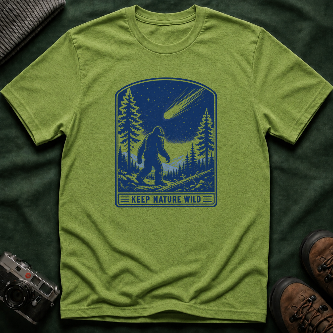 Bigfoot Stargazing T‑Shirt — Keep Nature Wild Forest Comet Design