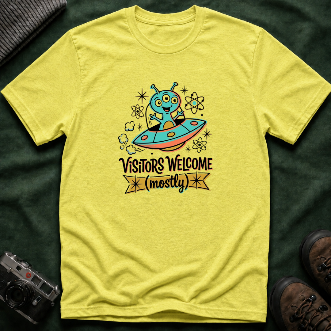 Alien UFO T-Shirt — "Visitors Welcome (Mostly)" Cute Space Graphic Tee