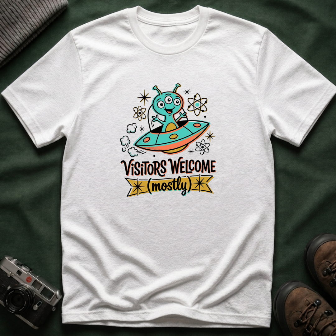 Alien UFO T-Shirt — "Visitors Welcome (Mostly)" Cute Space Graphic Tee