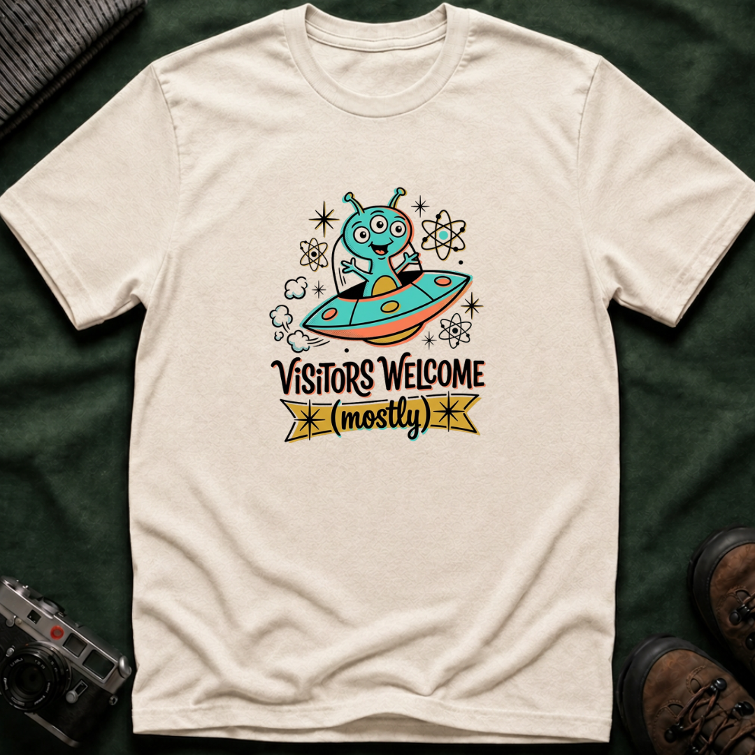 Alien UFO T-Shirt — "Visitors Welcome (Mostly)" Cute Space Graphic Tee