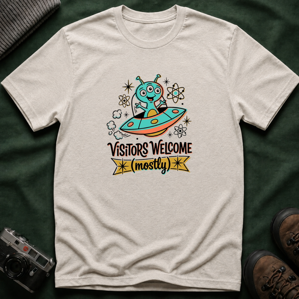 Alien UFO T-Shirt — "Visitors Welcome (Mostly)" Cute Space Graphic Tee
