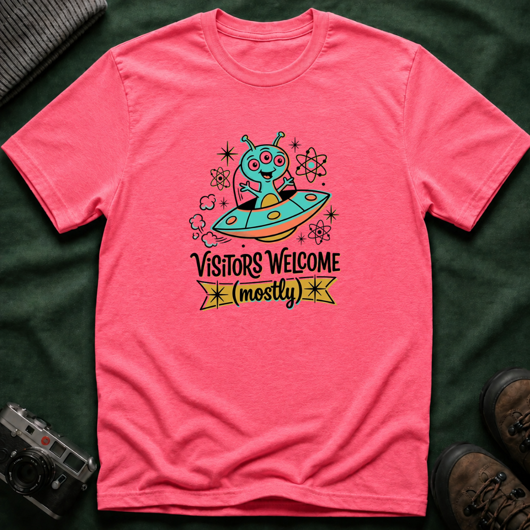 Alien UFO T-Shirt — "Visitors Welcome (Mostly)" Cute Space Graphic Tee