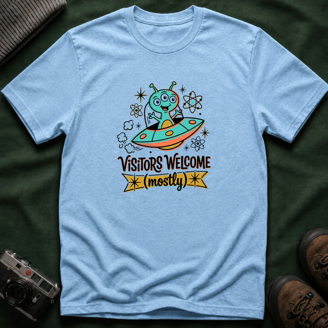 Alien UFO T-Shirt — "Visitors Welcome (Mostly)" Cute Space Graphic Tee