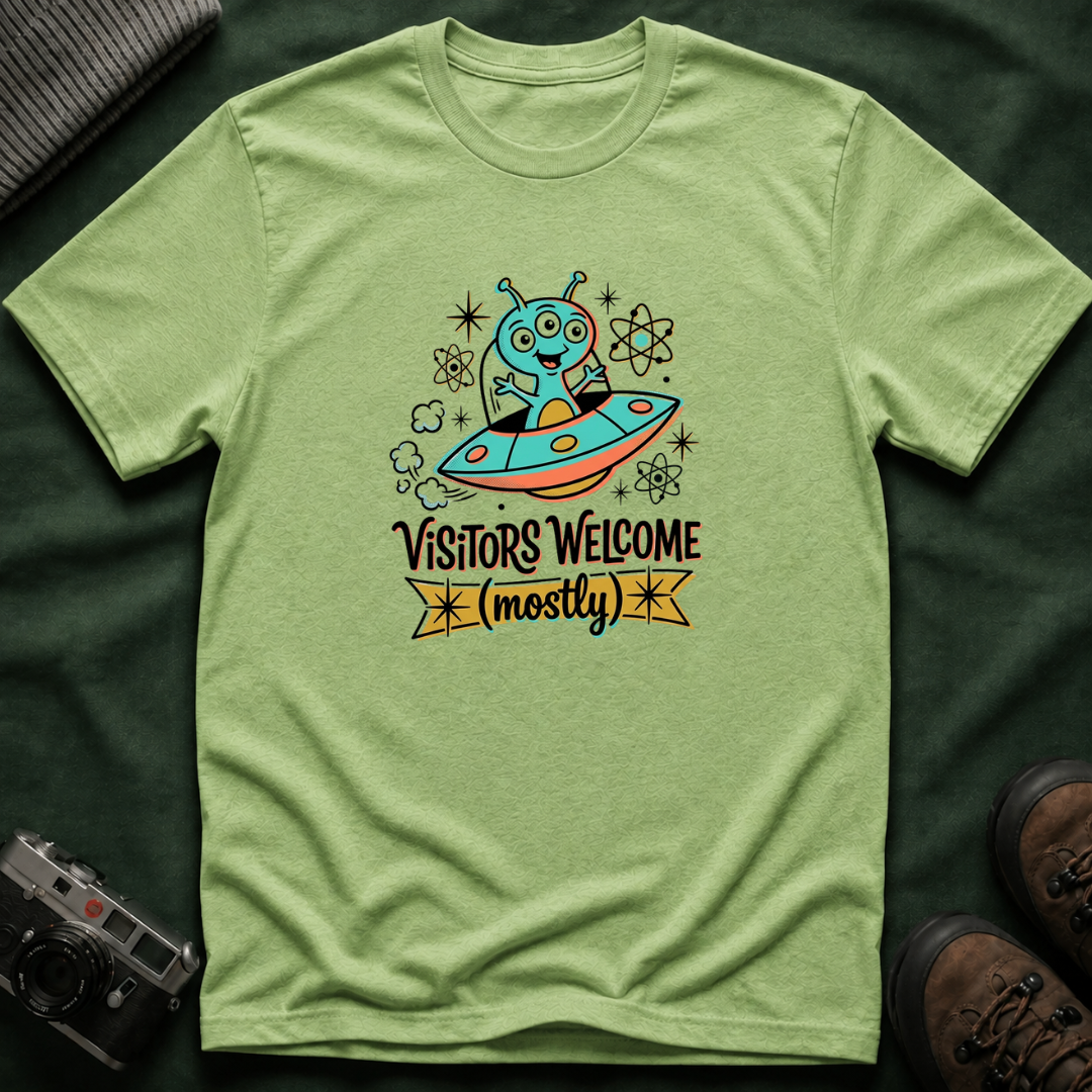 Alien UFO T-Shirt — "Visitors Welcome (Mostly)" Cute Space Graphic Tee