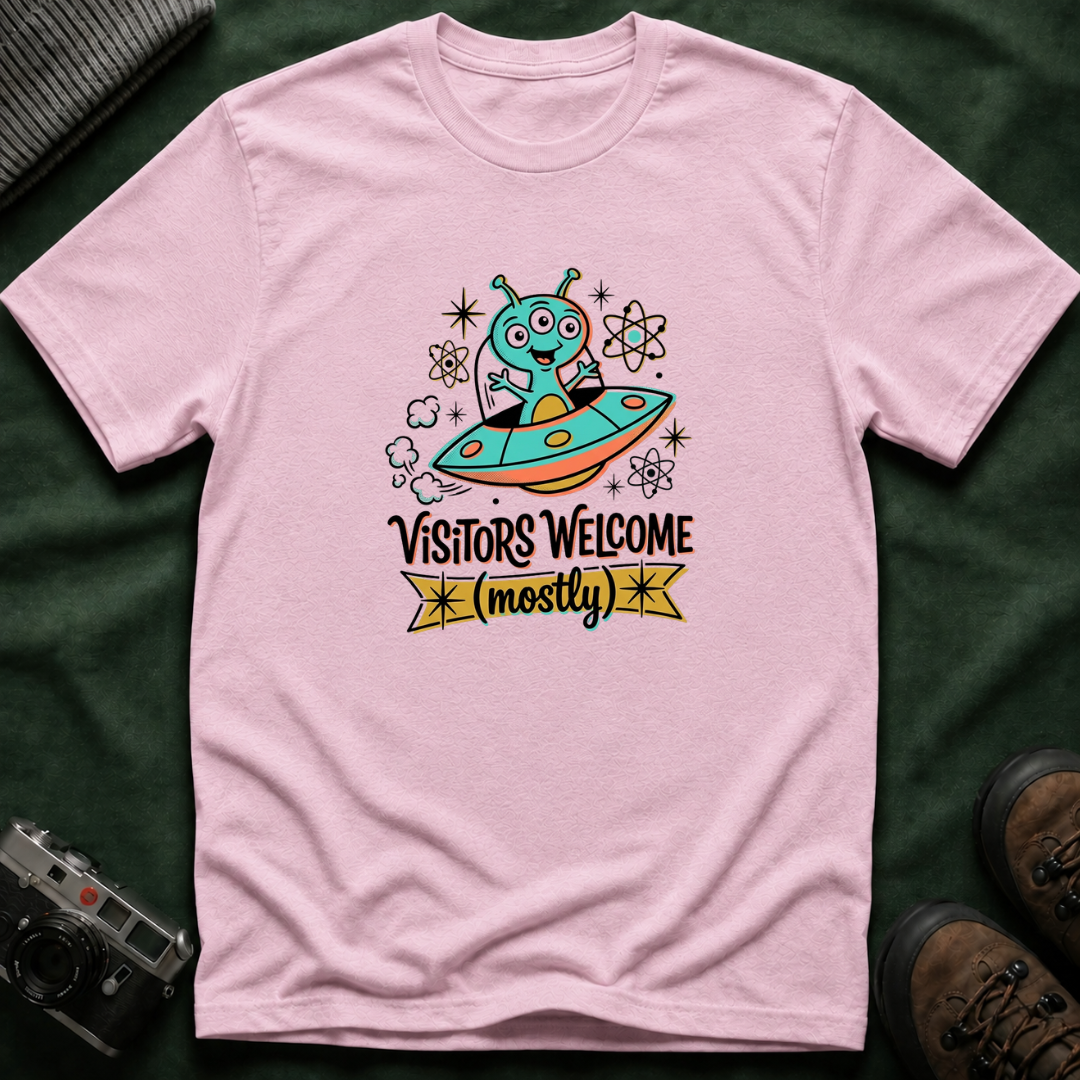 Alien UFO T-Shirt — "Visitors Welcome (Mostly)" Cute Space Graphic Tee