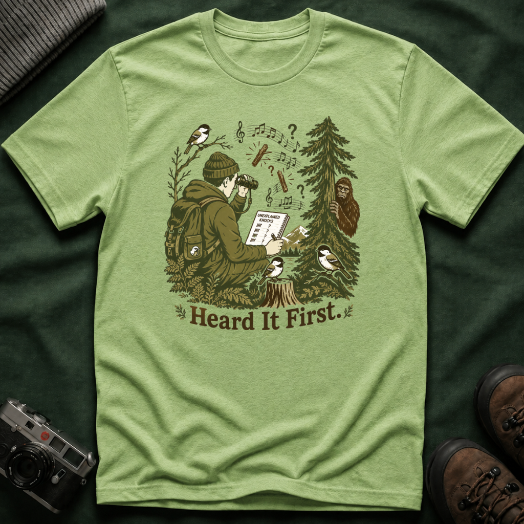 Heard It First T‑Shirt — Birdwatching & Bigfoot Nature Tee