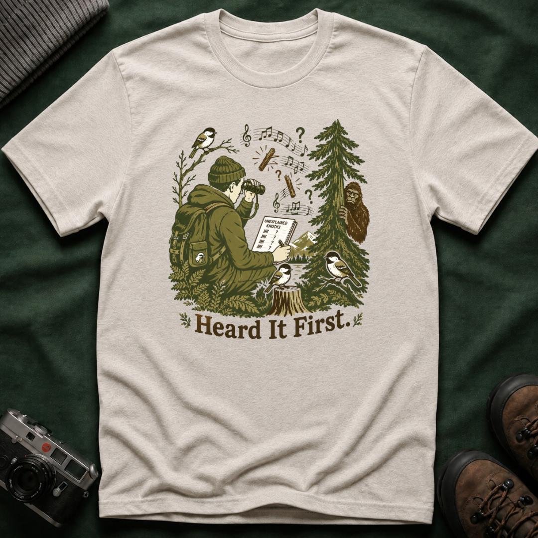 Heard It First T‑Shirt — Birdwatching & Bigfoot Nature Tee