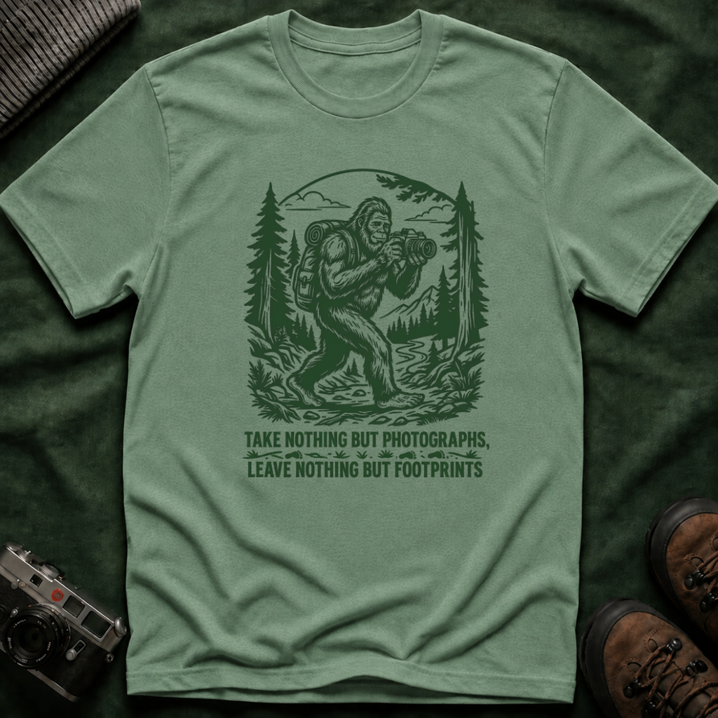 Sasquatch Photographer T-Shirt — “Take Nothing But Photographs” Outdoor Hiking Shirt