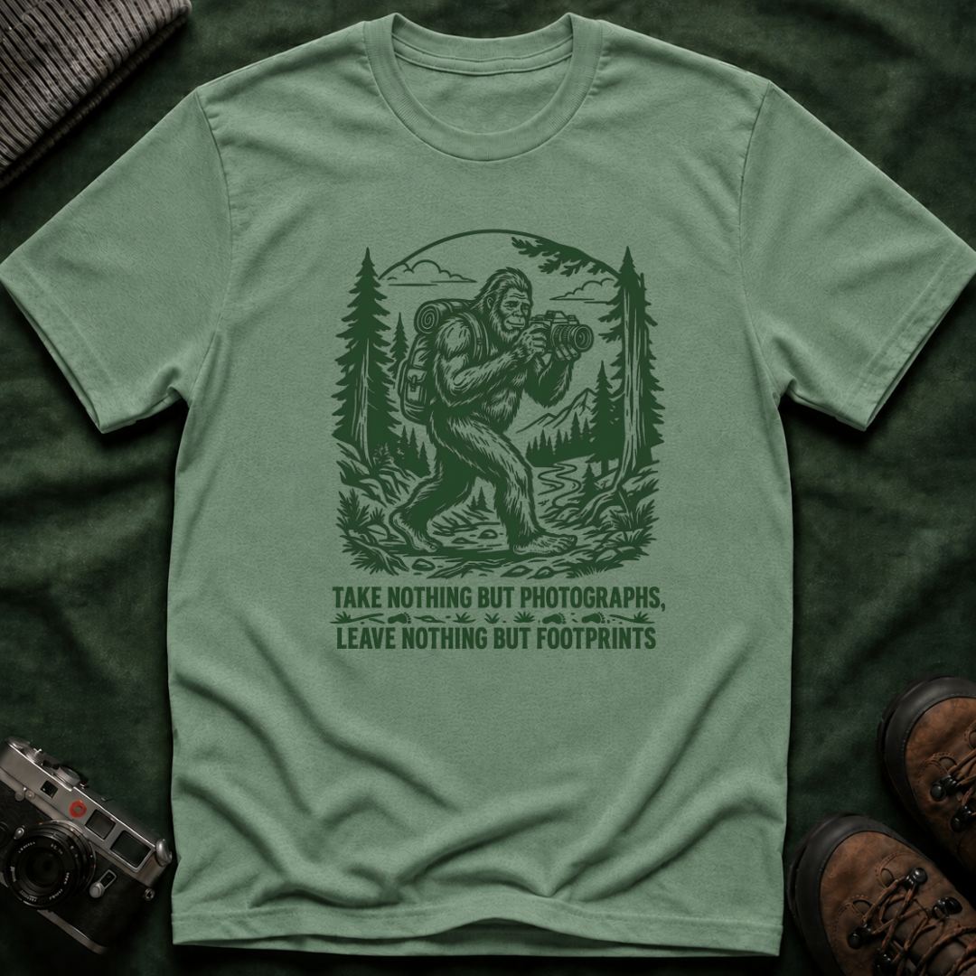 Sasquatch Photographer T-Shirt — “Take Nothing But Photographs” Outdoor Hiking Shirt
