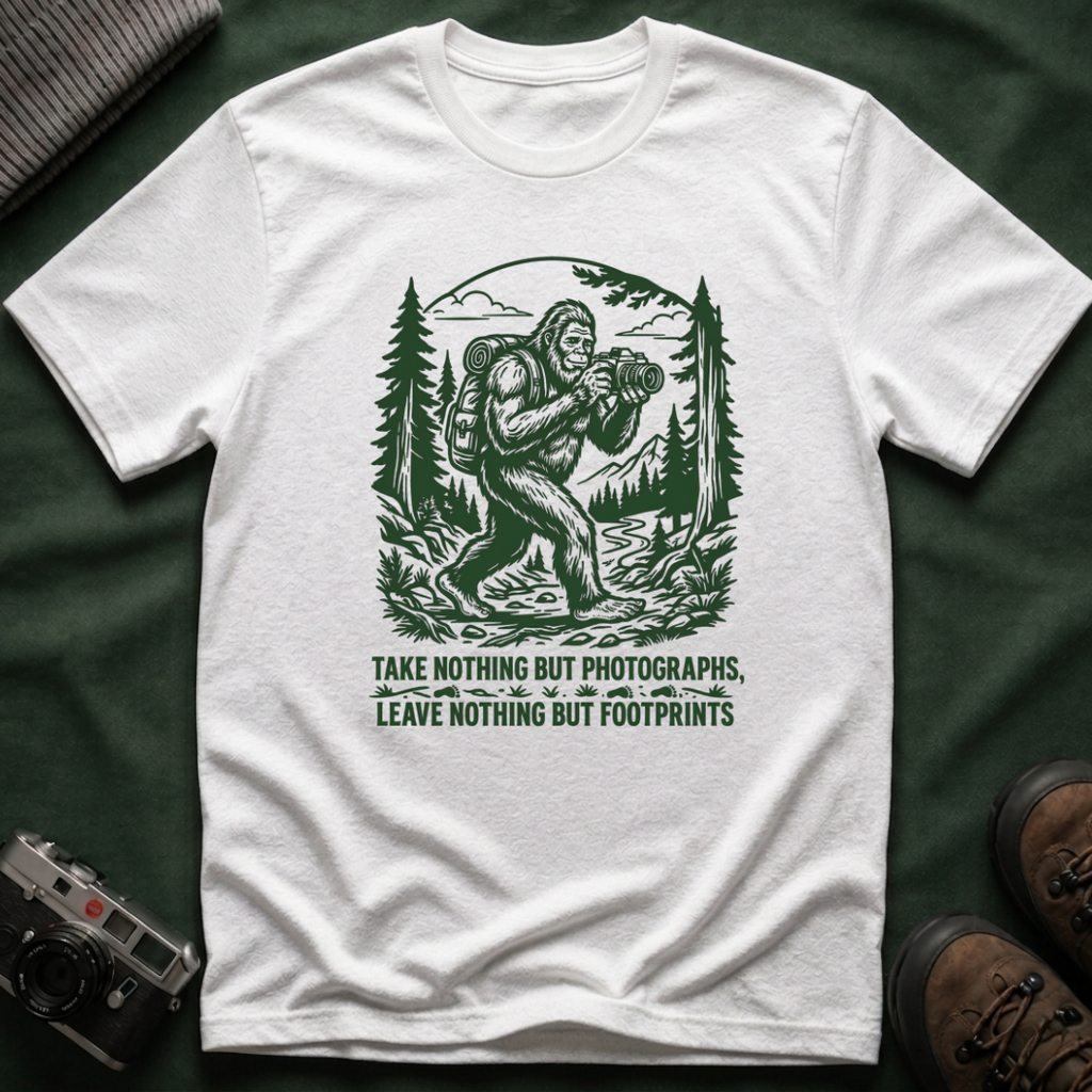 Sasquatch Photographer T-Shirt — “Take Nothing But Photographs” Outdoor Hiking Shirt