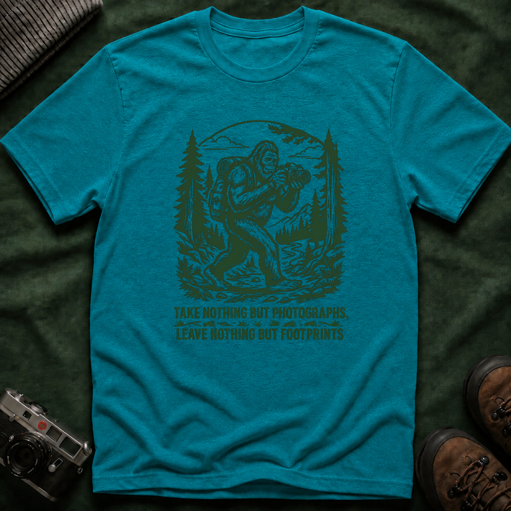Sasquatch Photographer T-Shirt — “Take Nothing But Photographs” Outdoor Hiking Shirt