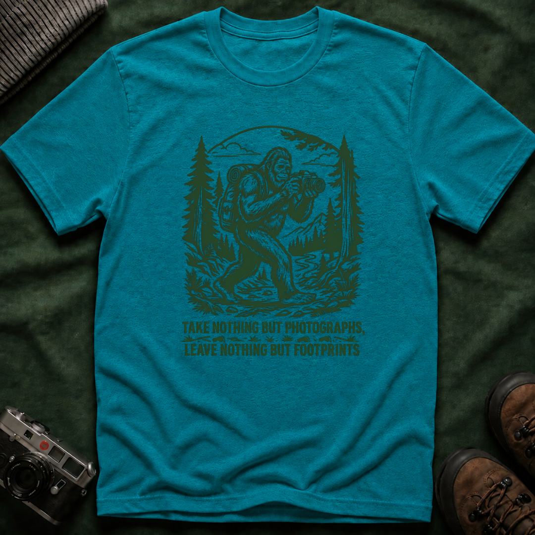 Sasquatch Photographer T-Shirt — “Take Nothing But Photographs” Outdoor Hiking Shirt