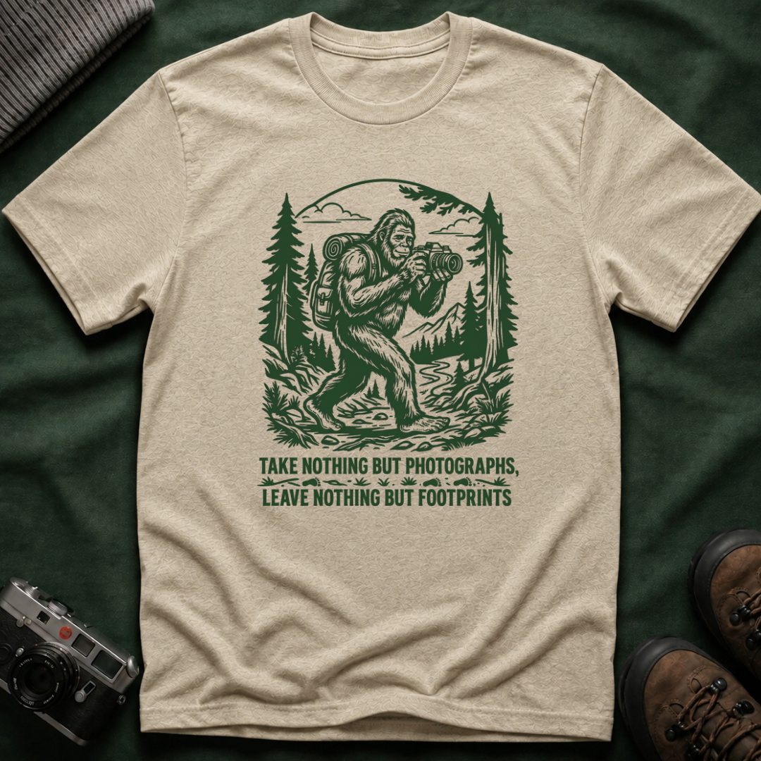 Sasquatch Photographer T-Shirt — “Take Nothing But Photographs” Outdoor Hiking Shirt