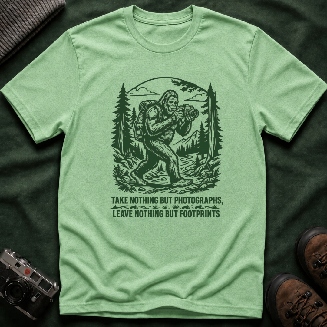 Sasquatch Photographer T-Shirt — “Take Nothing But Photographs” Outdoor Hiking Shirt
