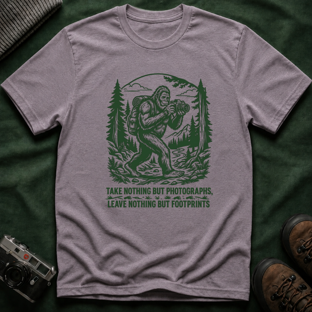 Sasquatch Photographer T-Shirt — “Take Nothing But Photographs” Outdoor Hiking Shirt