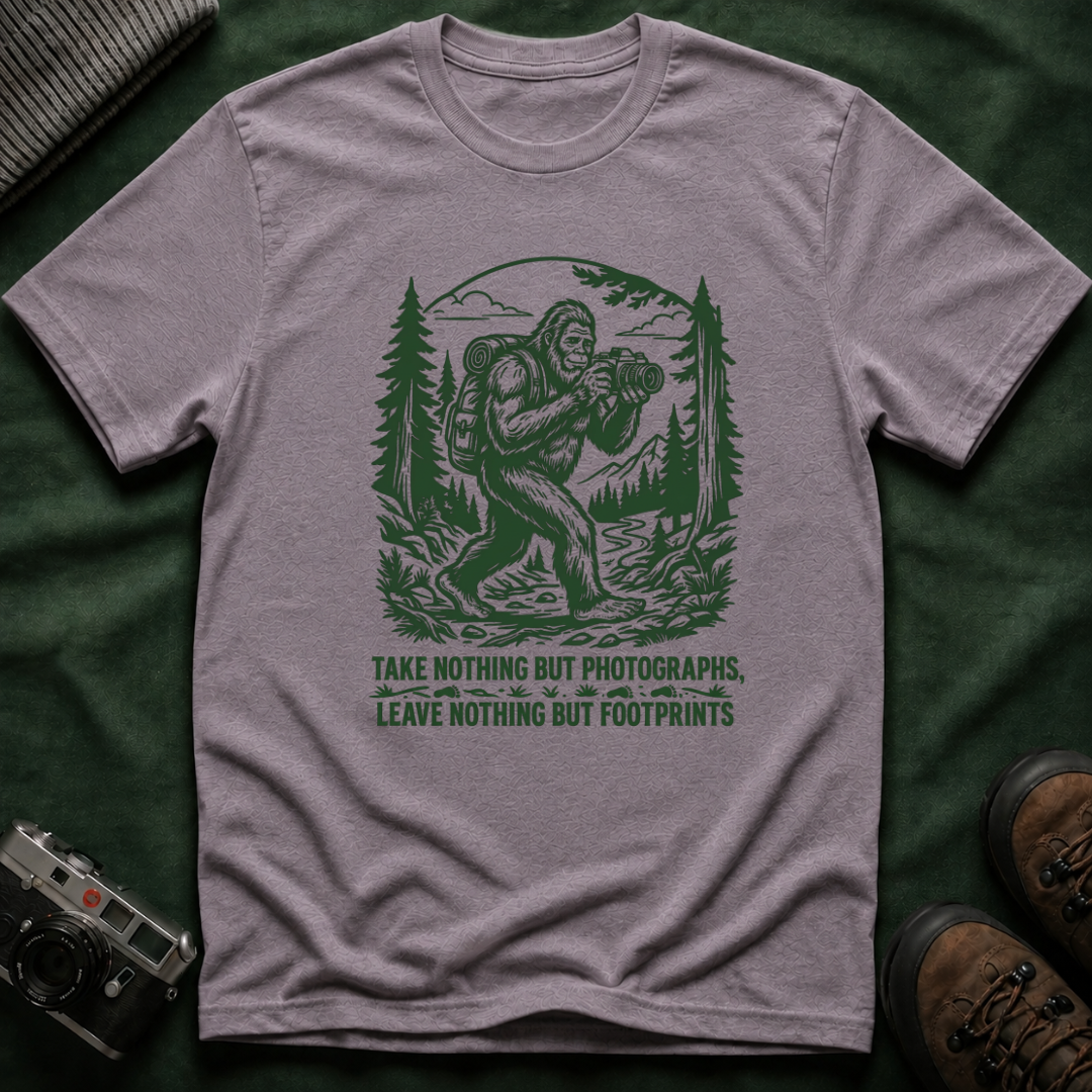 Sasquatch Photographer T-Shirt — “Take Nothing But Photographs” Outdoor Hiking Shirt
