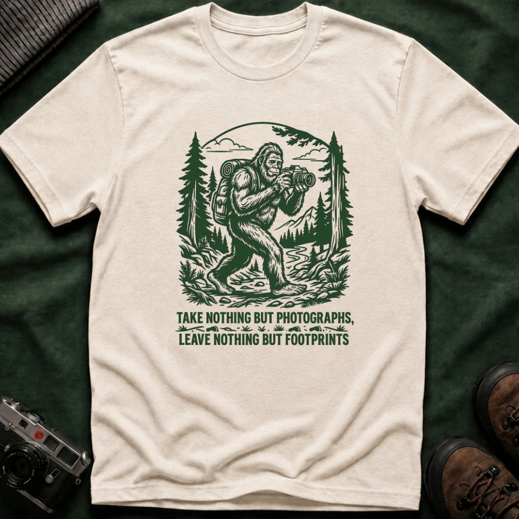 Sasquatch Photographer T-Shirt — “Take Nothing But Photographs” Outdoor Hiking Shirt