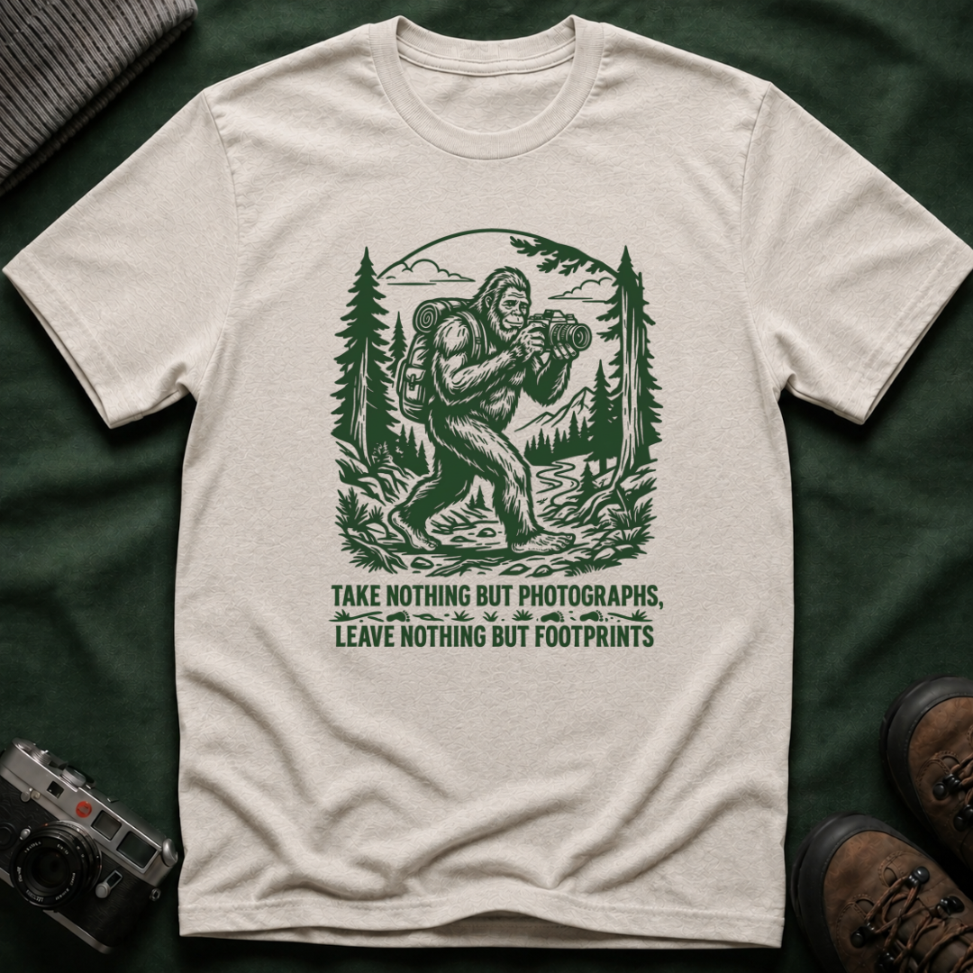 Sasquatch Photographer T-Shirt — “Take Nothing But Photographs” Outdoor Hiking Shirt