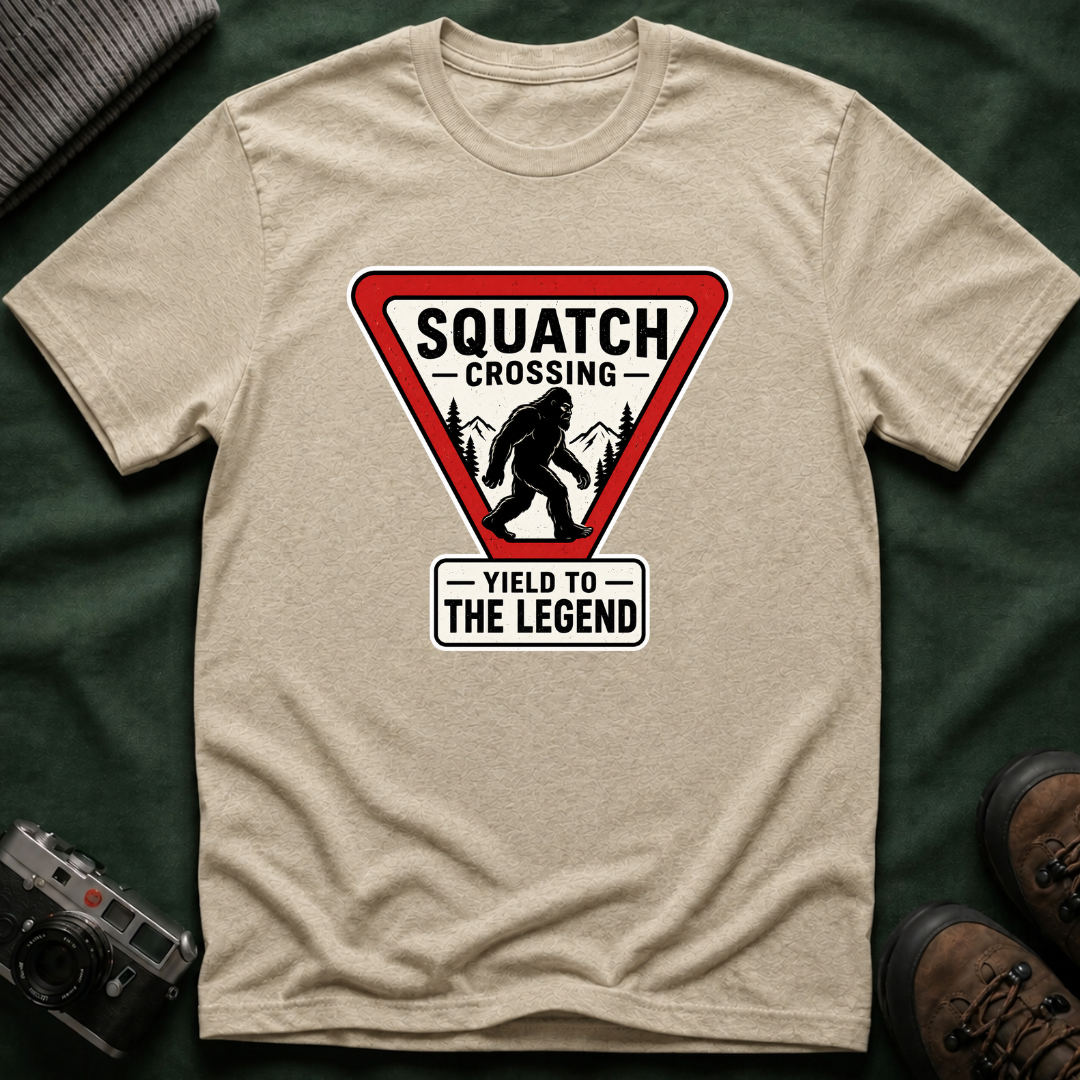 Squatch Crossing T‑Shirt — Sasquatch / Bigfoot Novelty Tee