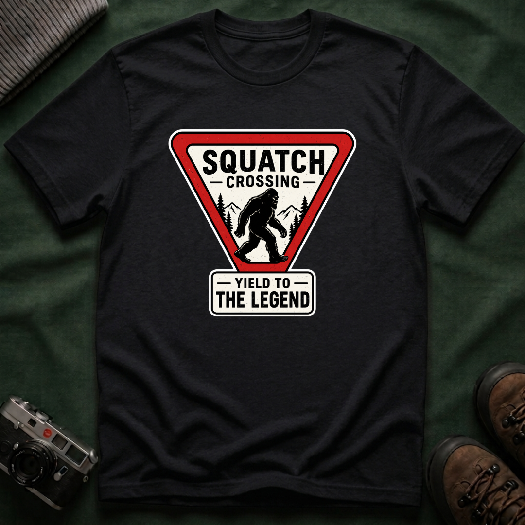 Squatch Crossing T‑Shirt — Sasquatch / Bigfoot Novelty Tee