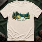 Bigfoot Forest Lifer T‑Shirt — Camping Scenic Tee with Tent, Campfire & Pine Trees