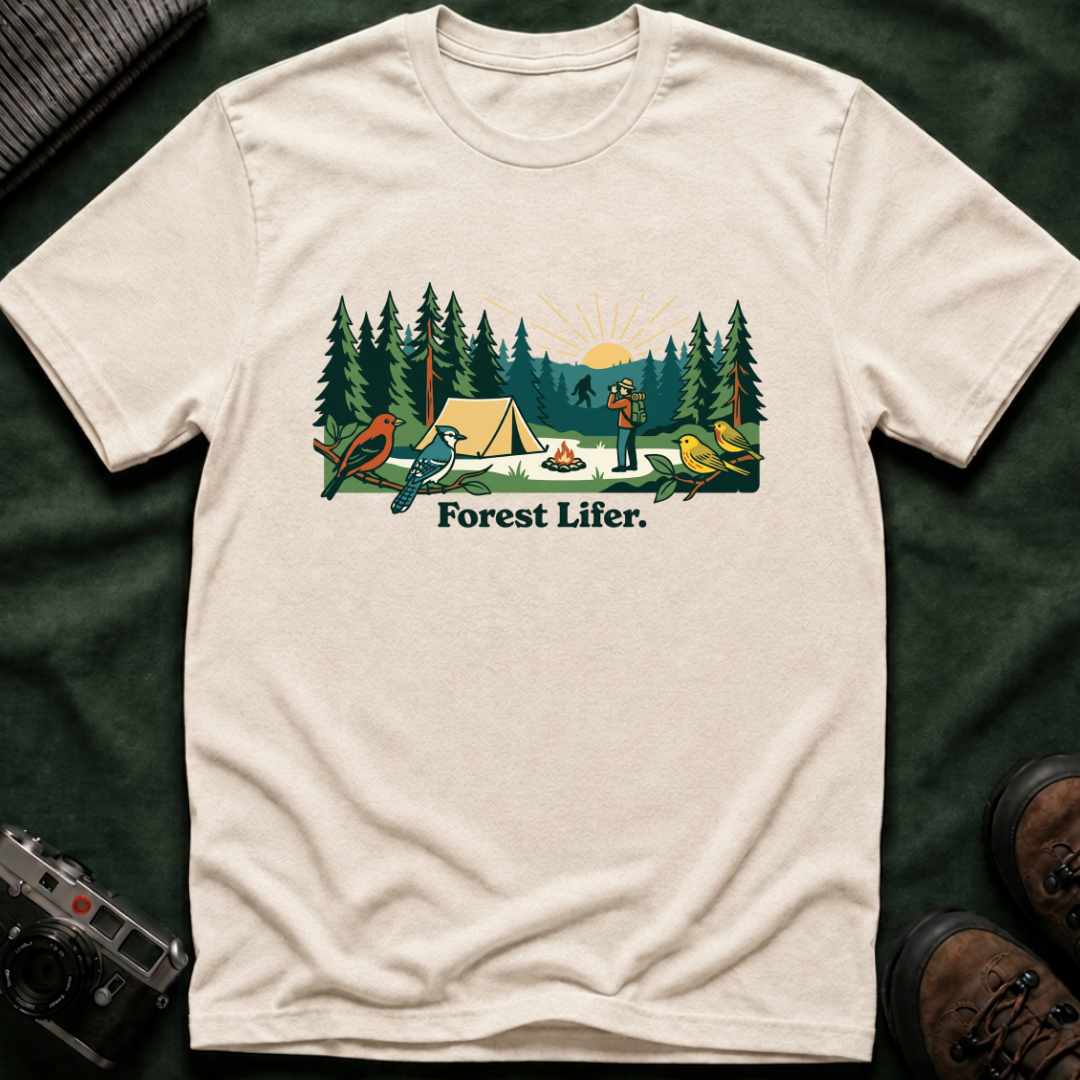 Bigfoot Forest Lifer T‑Shirt — Camping Scenic Tee with Tent, Campfire & Pine Trees