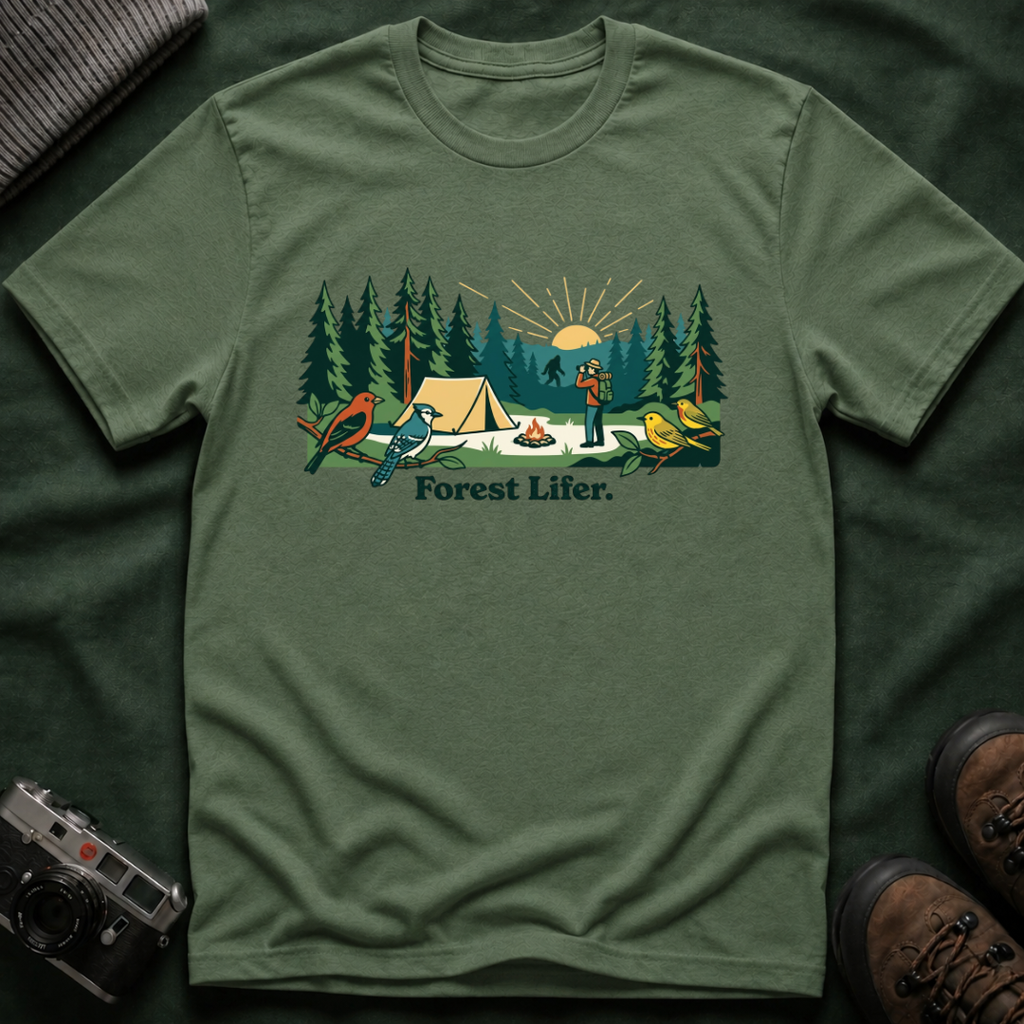 Bigfoot Forest Lifer T‑Shirt — Camping Scenic Tee with Tent, Campfire & Pine Trees