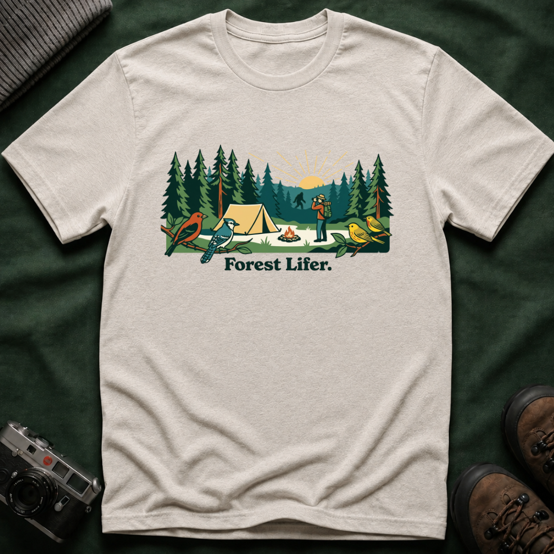 Bigfoot Forest Lifer T‑Shirt — Camping Scenic Tee with Tent, Campfire & Pine Trees