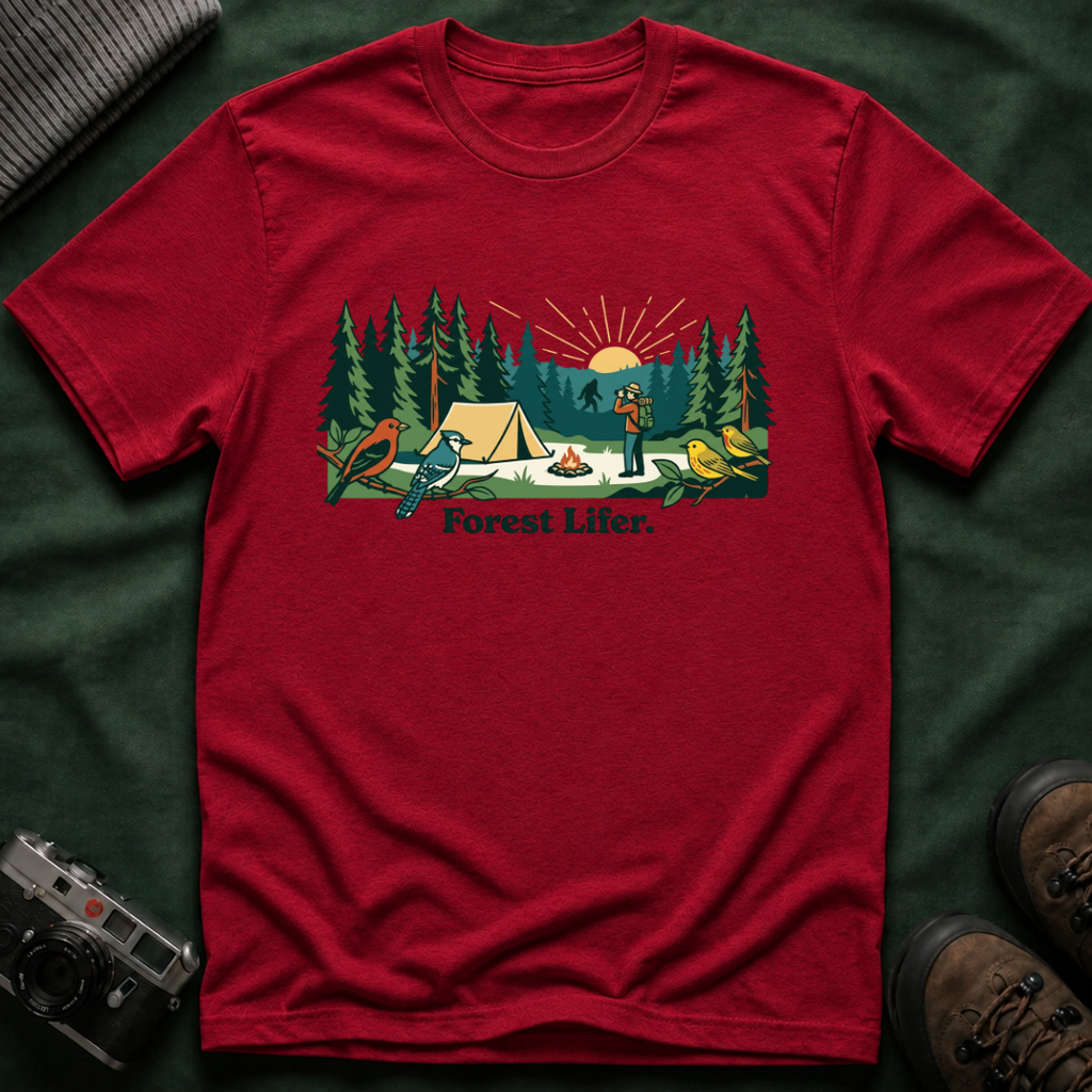 Bigfoot Forest Lifer T‑Shirt — Camping Scenic Tee with Tent, Campfire & Pine Trees