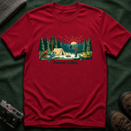 Bigfoot Forest Lifer T‑Shirt — Camping Scenic Tee with Tent, Campfire & Pine Trees