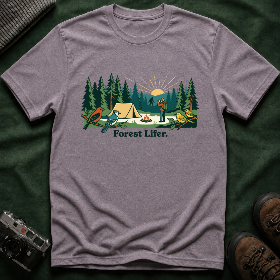 Bigfoot Forest Lifer T‑Shirt — Camping Scenic Tee with Tent, Campfire & Pine Trees