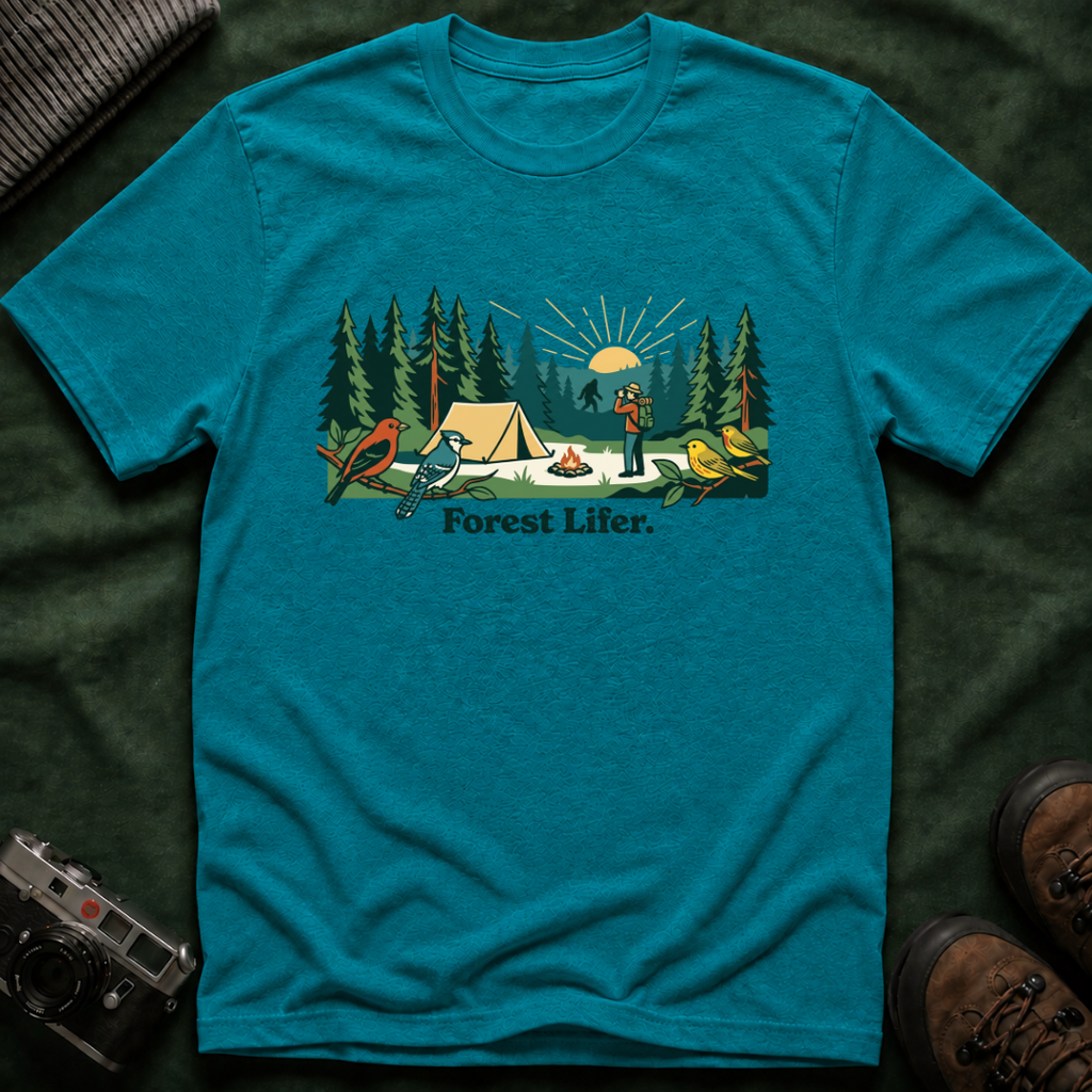 Bigfoot Forest Lifer T‑Shirt — Camping Scenic Tee with Tent, Campfire & Pine Trees