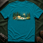 Bigfoot Forest Lifer T‑Shirt — Camping Scenic Tee with Tent, Campfire & Pine Trees